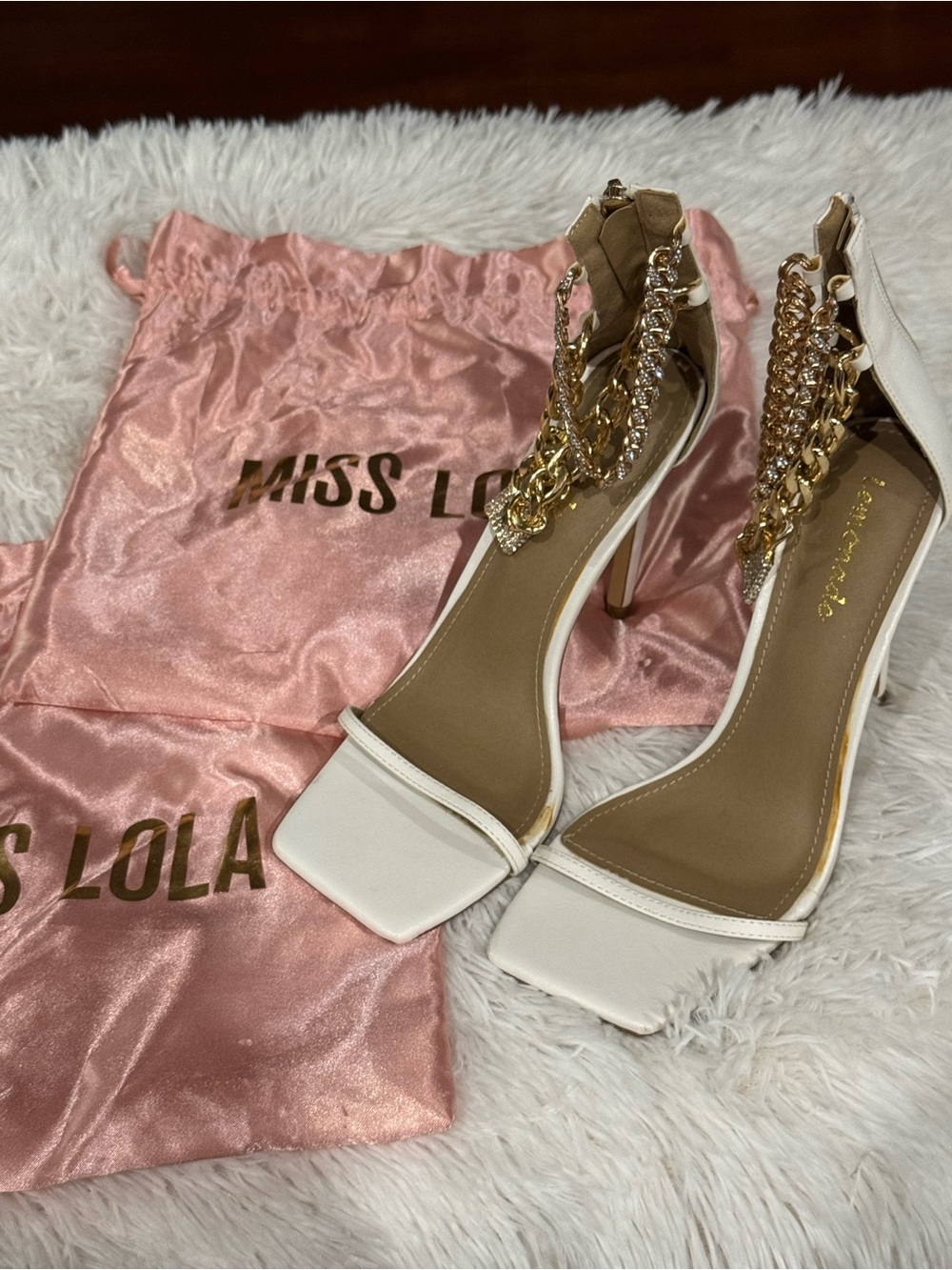 Miss Lola White Chain & Crystal Strap Square-Toe Heels